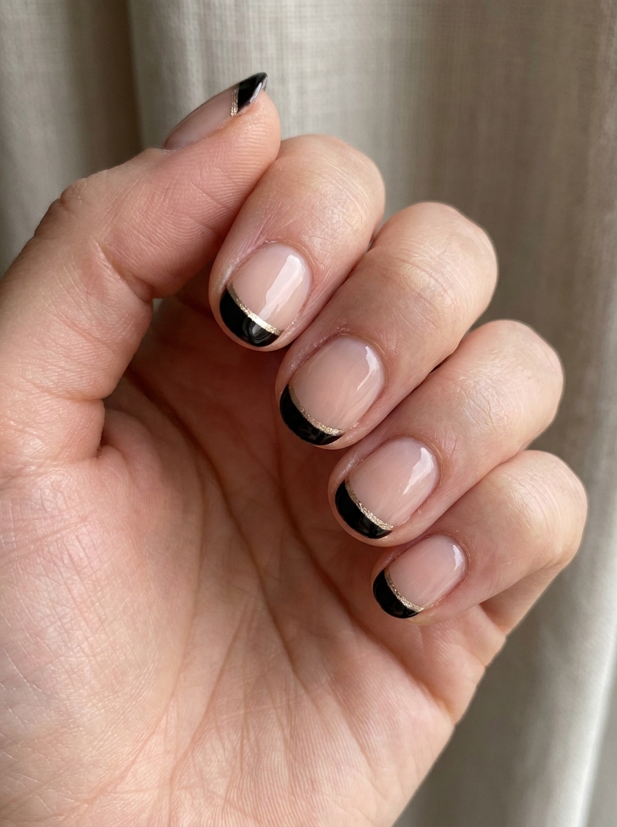 Black French mit Goldlinie als Schwarze Nägel Ideen Inspiration 2026